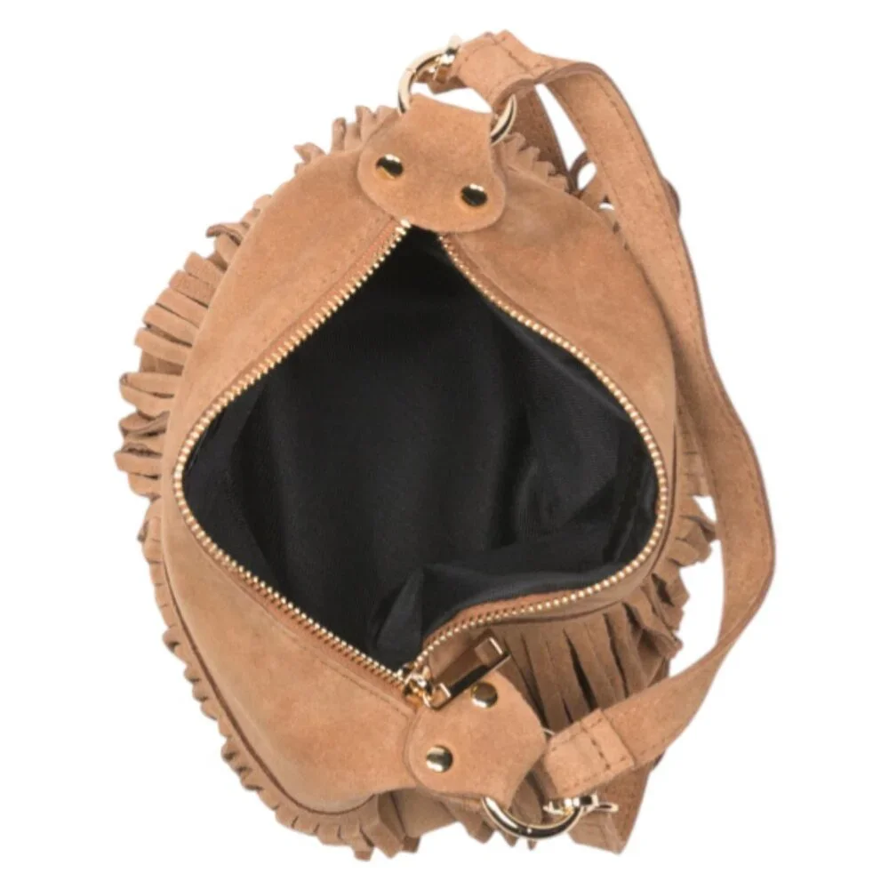 MARLON Made In Italy Suede Hobo Bucket Bag With Fringe Trim